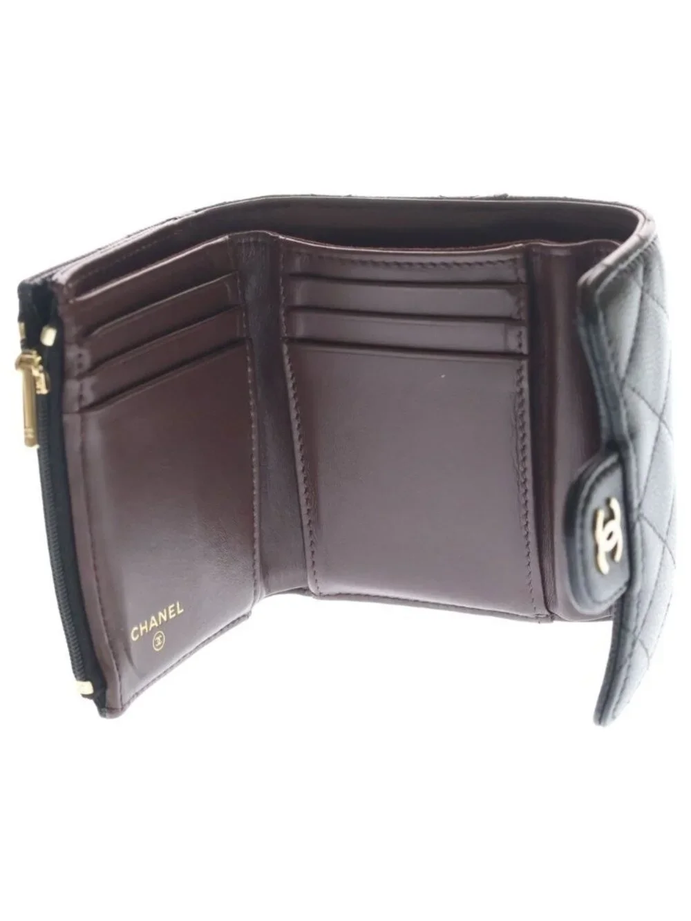 Chanel CC Logo Quilted Caviar Leather Compact Wallet Trifold Black Gold